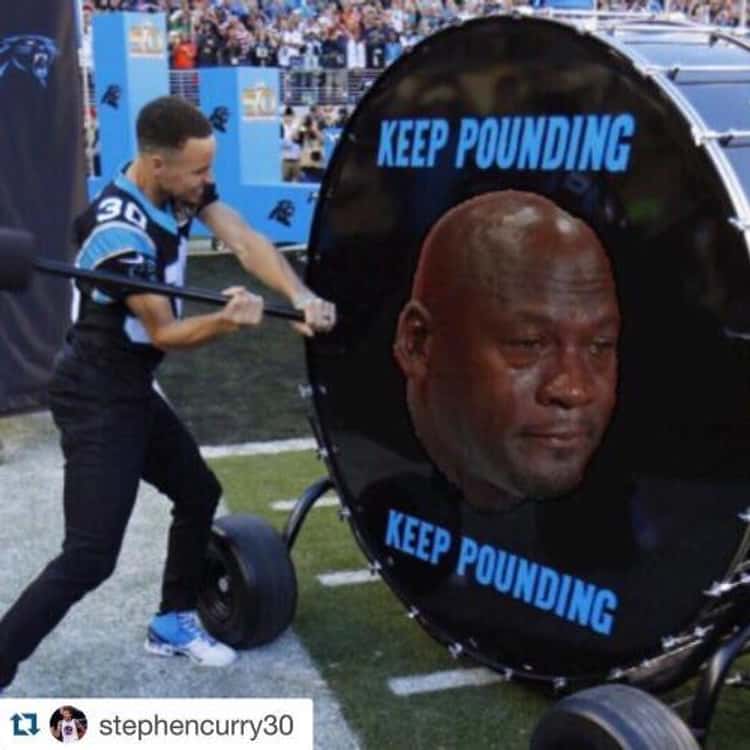 Crying Jordan meme Curry beating drum