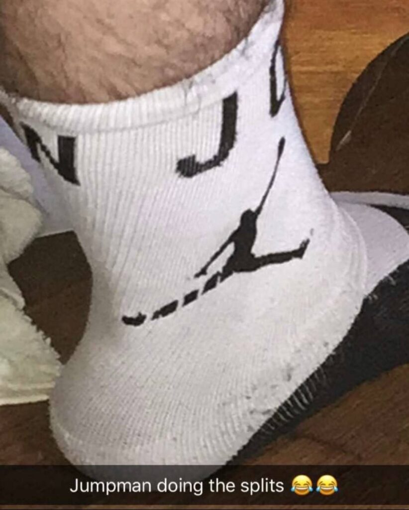 Jumpman meme stretched sock doing splits