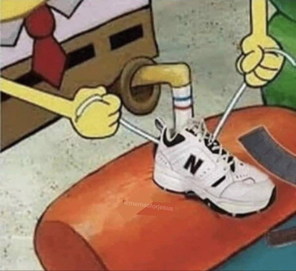 SpongeBob basketball meme lacing up New Balance shoes