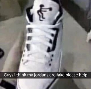Fake Jordans meme Jumpman on tongue of shoe messed up