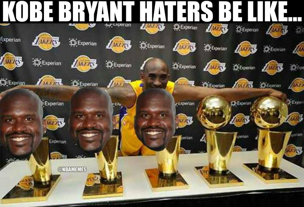 Shaq and Kobe meme trophies with shaq's face on 3