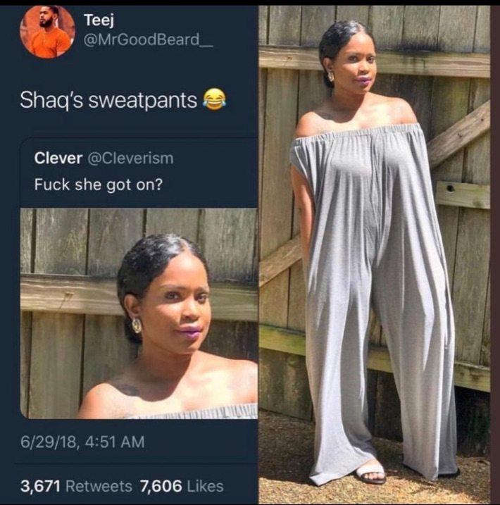 Shaq meme woman wearing crazy dress looks like Shaq's sweatpants