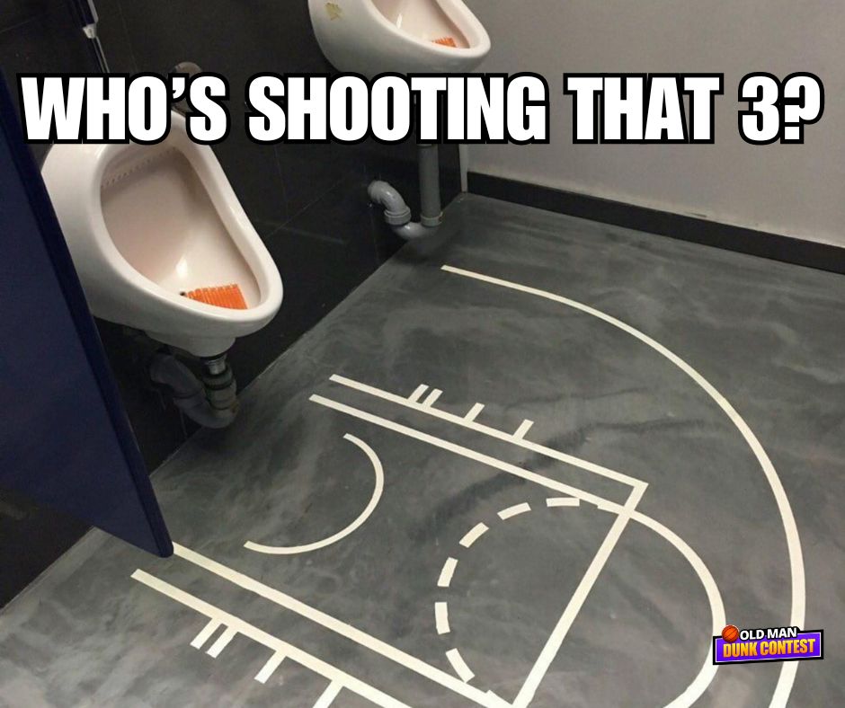Urinal floor painted basketball court who's shooting that 3