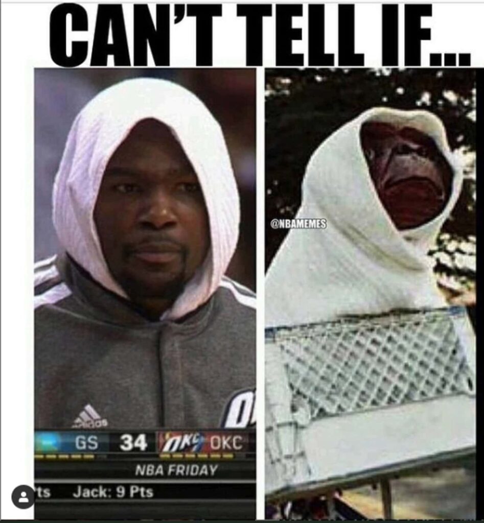 Kevin Durant meme E.T. with hoodie