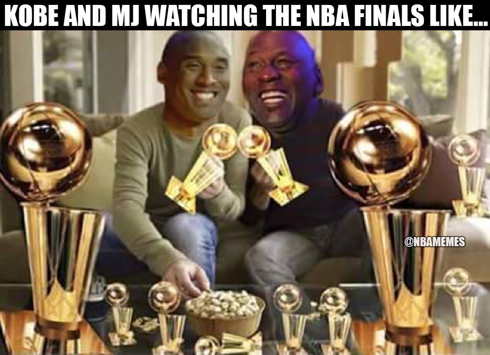 Michael Jordan trophy meme with Kobe laughing watching NBA Finals