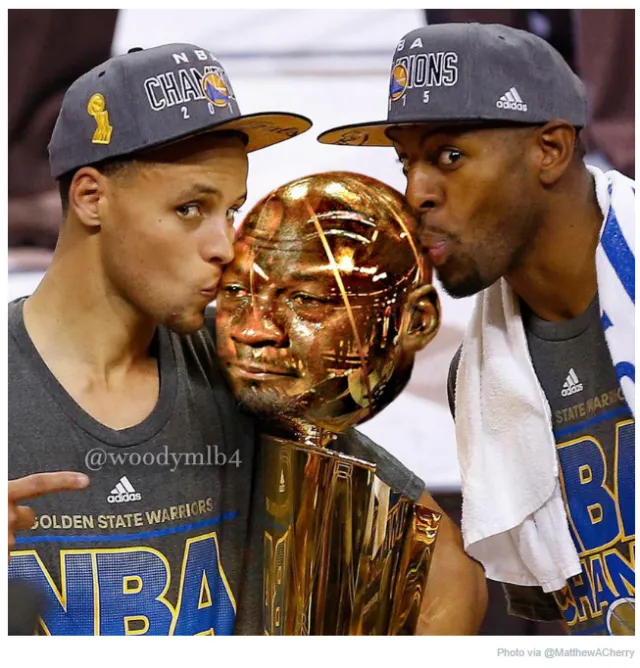 Michael Jordan trophy meme Steph & Iguodala kissing the Crying Jordan trophy