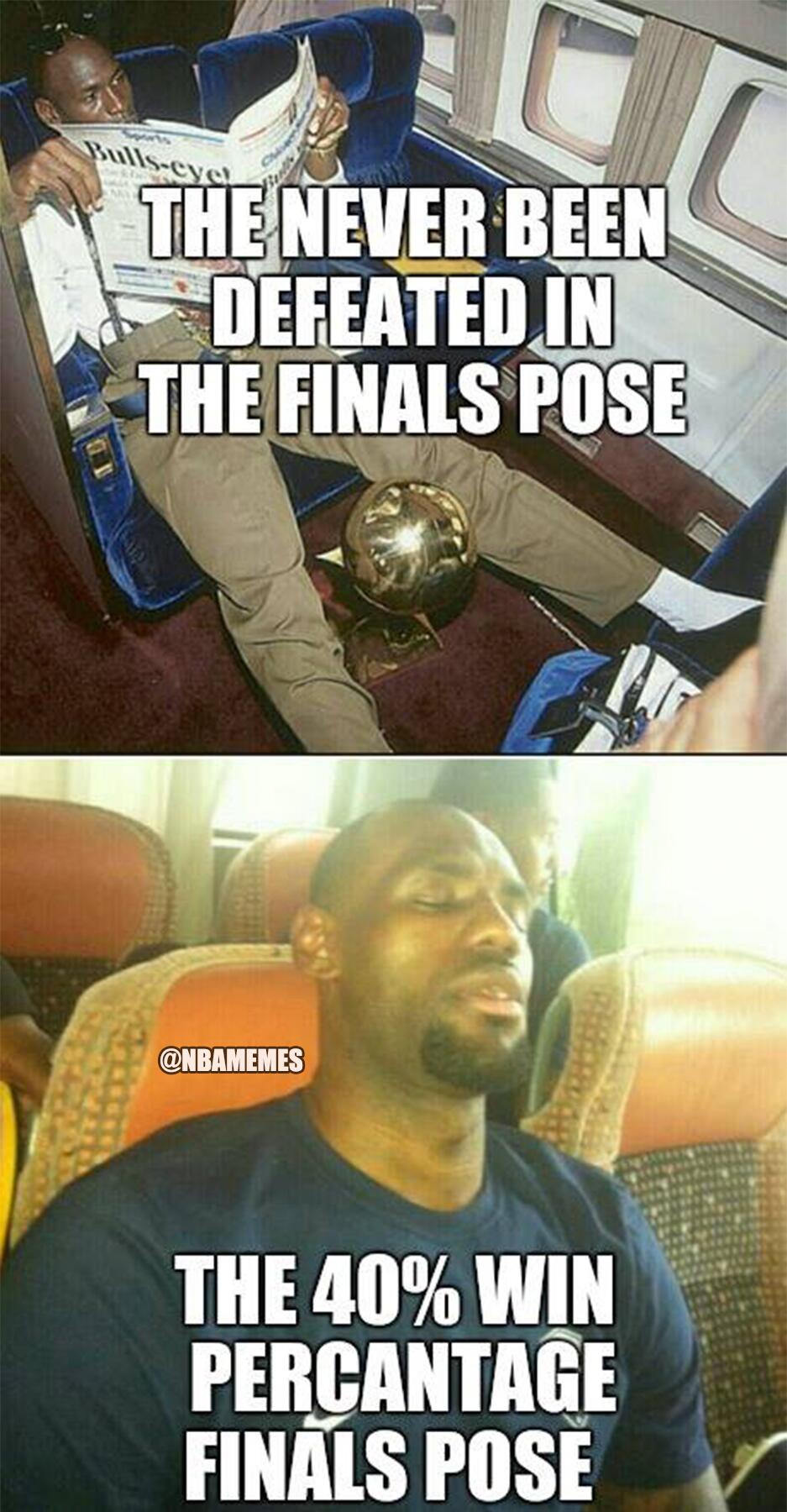 Michael Jordan trophy meme never been defeated pose vs LeBron win percentage