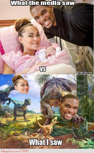 Chris Bosh meme wife and new born baby in dinosaur land
