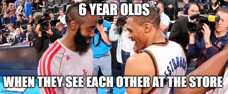 Russell Westbrook meme with James Harden acting like 6 year olds at store